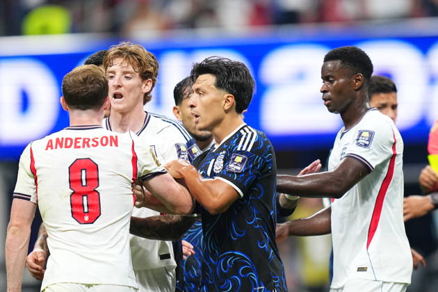 England v Argentina - FIFA World Cup, WM, Weltmeisterschaft, Fussball 2026 - Semi Finals ATLANTA, GEORGIA - JULY 15: Argentina’s Nahuel Molina is involved in a confrontation with England’s Elliot Anderson (8), Archie Gray and Marc Guehi during the 2026 FIFA World Cup semifinal match between England and Argentina at Atlanta Stadium in Atlanta, Georgia, United States, on July 15, 2026. Evrim Aydin Anadolu Georgia United States. Editorial use only. Please get in touch for any other usage. Copyright: x2026xAnadoluxEvrimxAydinx