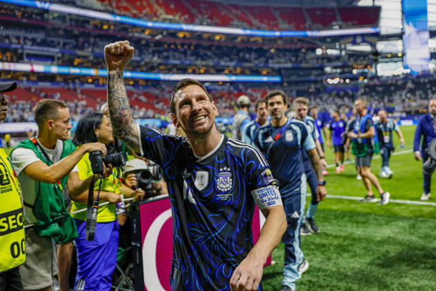 15.07.2026, Fussball Weltmeisterschaft 2026 in den USA, Halbfinale, England - Argentinien, im Mercedes-Benz Stadium (Atlanta, GA), Lionel Messi (Argentinien) Schlussjubel nach dem 2:1 Sieg