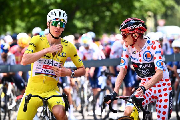 Slovenian Tadej Pogacar of UAE Team Emirates XRG and Danish Jonas Vingegaard of Team Visma-Lease a Bike are pictured before stage 14 of the 2026 Tour de France cycling race, a stage of 155km from Mulhouse to Le Markstein Fellering, on Saturday 18 July 2026. The 113th edition of the Tour de France starts on Saturday 4 July in Barcelona, Spain, and will finish in Paris, France on the 26th of July. POOLxGREGORYxVANxGANSEN  x181409617x