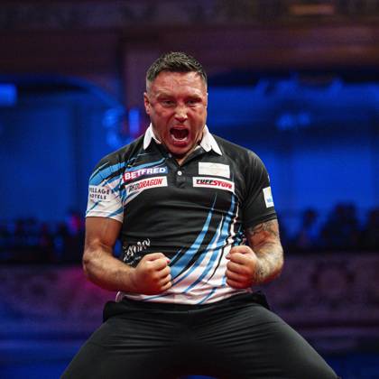 RECORD DATE NOT STATED 24th July 2026, Winter Gardens, Blackpool, Lancashire, England; 2026 Betfred World Matchplay Darts, Day Seven; Gerwyn Price celebrates winning his quarter final match against Ross Smith GodfreyxPitt