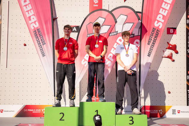 25.07.2026: Klettern - Speedklettern: Die Finals 2026 - Deutsche Meisterschaft Speed - Herren Links Andrin Zedler (Düsseldorf), Mitte Sebastian Lucke (Düsseldorf), Rechts Moritz Müller (Stuttgart) Hannover Opernplatz Niedersachsen Deutschland