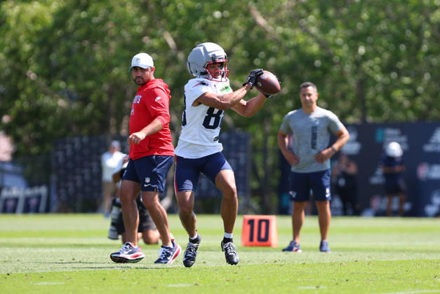 July 26, 2026; Foxborough, MA, USA; New England Patriots wide receiver Cameron Dorner (88) makes a catch during Patriots training camp at Gillette Stadium. CSM NFL, American Football Herren, USA 2026: Patriots Training Camp JUL 26 - ZUMAc04_ 20260726_zma_c04_153 Copyright: xAnthonyxNesmithx