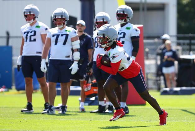 July 26, 2026; Foxborough, MA, USA; New England Patriots running back Rhamondre Stevenson (38) participates in drills during Patriots training camp at Gillette Stadium. CSM NFL, American Football Herren, USA 2026: Patriots Training Camp JUL 26 - ZUMAc04_ 20260726_zma_c04_158 Copyright: xAnthonyxNesmithx