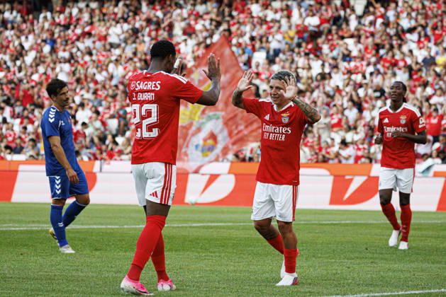 Jhon Duran and Gianluca Prestianni seen celebrating after goal during International Friendly, Länderspiel, Nationalmannschaft game between teams of SL Benfica and CF Belenenses (Ana Catarina Santana Ball Raw Images) Lisbon Estadio da Luz Portugal Copyright: xAnaxCatarinaxSantanax ana_santana_benfica_belenenses_26_27-82