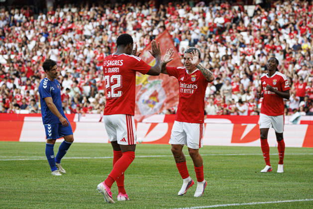 Jhon Duran and Gianluca Prestianni seen celebrating after goal during International Friendly, Länderspiel, Nationalmannschaft game between teams of SL Benfica and CF Belenenses (Ana Catarina Santana Ball Raw Images) Lisbon Estadio da Luz Portugal Copyright: xAnaxCatarinaxSantanax ana_santana_benfica_belenenses_26_27-83
