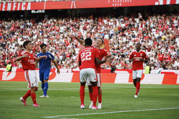 Jhon Duran and Gianluca Prestianni seen celebrating after goal during International Friendly, Länderspiel, Nationalmannschaft game between teams of SL Benfica and CF Belenenses (Ana Catarina Santana Ball Raw Images) Lisbon Estadio da Luz Portugal Copyright: xAnaxCatarinaxSantanax ana_santana_benfica_belenenses_26_27-85
