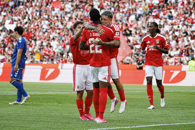 Jhon Duran and Gianluca Prestianni seen celebrating after goal during International Friendly, Länderspiel, Nationalmannschaft game between teams of SL Benfica and CF Belenenses (Ana Catarina Santana Ball Raw Images) Lisbon Estadio da Luz Portugal Copyright: xAnaxCatarinaxSantanax ana_santana_benfica_belenenses_26_27-86