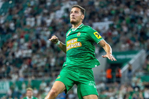 SOCCER - UEFA ECL, Rapid vs Coloma VIENNA,AUSTRIA,29.JUL.26 - SOCCER - UEFA Conference League, qualification, SK Rapid Wien vs FC Santa Coloma. Image shows the rejoicing of Ercan Kara (Rapid). GEPAxpictures xPhilippxBrem