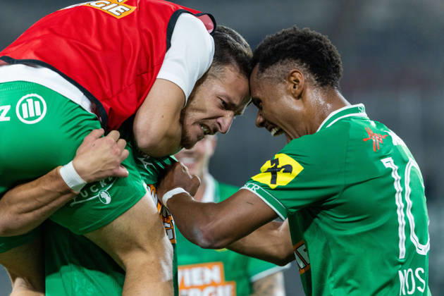 SOCCER - UEFA ECL, Rapid vs Coloma VIENNA,AUSTRIA,29.JUL.26 - SOCCER - UEFA Conference League, qualification, SK Rapid Wien vs FC Santa Coloma. Image shows the rejoicing of Ercan Kara and Petter Nosa Dahl (Rapid). GEPAxpictures xPhilippxBrem