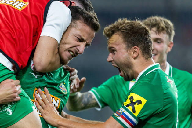 SOCCER - UEFA ECL, Rapid vs Coloma VIENNA,AUSTRIA,29.JUL.26 - SOCCER - UEFA Conference League, qualification, SK Rapid Wien vs FC Santa Coloma. Image shows the rejoicing of Ercan Kara and Matthias Seidl (Rapid). GEPAxpictures xPhilippxBrem