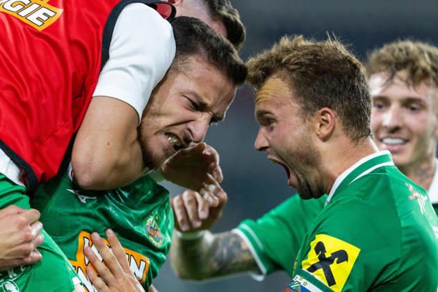 SOCCER - UEFA ECL, Rapid vs Coloma VIENNA,AUSTRIA,29.JUL.26 - SOCCER - UEFA Conference League, qualification, SK Rapid Wien vs FC Santa Coloma. Image shows the rejoicing of Ercan Kara and Matthias Seidl (Rapid). GEPAxpictures xPhilippxBrem