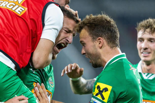 SOCCER - UEFA ECL, Rapid vs Coloma VIENNA,AUSTRIA,29.JUL.26 - SOCCER - UEFA Conference League, qualification, SK Rapid Wien vs FC Santa Coloma. Image shows the rejoicing of Ercan Kara and Matthias Seidl (Rapid). GEPAxpictures xPhilippxBrem