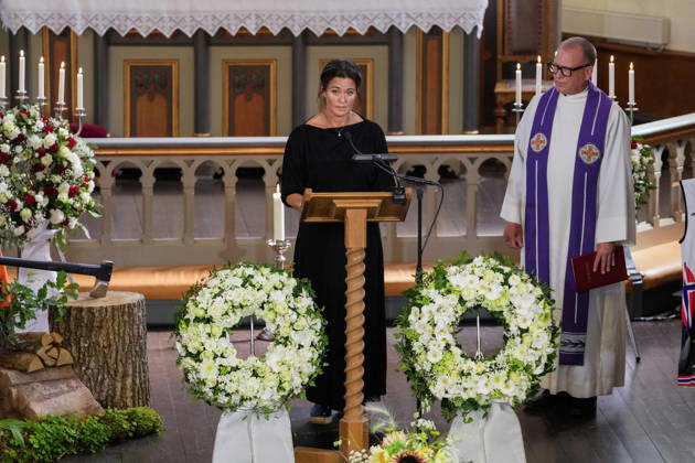 Funeral for rower Olaf Tufte, Horten, July 31, 2026. Aina Tufte L delivers a eulogy during the funeral service for her late husband, Olympic and World rowing champion Olaf Tufte, at Horten Church. Tufte died of a heart attack on July 21, at the age of 50. He retired after the Tokyo Olympics in 2021, bringing to a close an elite international career spanning 26 seasons. Photo: Terje Bendiksby, NTB POOL, Horten, Norway. EDITORIAL USE ONLY. RESTRICTED USE FOR BETTING COMPANIES. Copyright: xTerjexBendiksbyx xNTBx