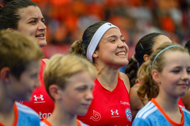 AMSTELVEEN, 15-08-2026, Wagener Stadion, FIH Hockey World Cup 2026 Women, 2026. Team Chili during the play of the national anthem before the match Netherlands - Chile (women). Netherlands - Chile (women)  x205740024x Copyright: