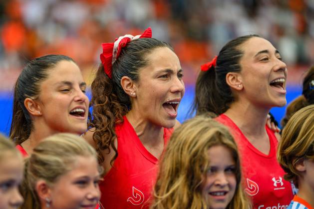 AMSTELVEEN, 15-08-2026, Wagener Stadion, FIH Hockey World Cup 2026 Women, 2026. Team Chili during the play of the national anthem before the match Netherlands - Chile (women). Netherlands - Chile (women)  x205740028x Copyright: