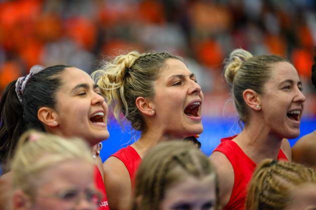 AMSTELVEEN, 15-08-2026, Wagener Stadion, FIH Hockey World Cup 2026 Women, 2026. Team Chili during the play of the national anthem before the match Netherlands - Chile (women). Netherlands - Chile (women)  x205740032x Copyright: