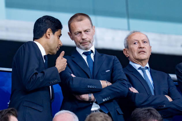 Nasser Al-Khelaifi president of Paris Saint-Germain with Aleksander Ceferin and Nassef Sawiris during the UEFA Super Cup Final match between Paris Saint-Germain and Aston Villa FC at Salzburg Stadium Salzburg Austria on 12 August 2026. Salzburg Salzburg Stadium Austria Austria Copyright: xPhotoxGoalxPixx SP24-1444-012