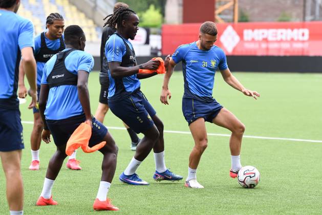 STVV s players pictured in action during a training session of Belgian soccer team Sint-Truidense V.V., Wednesday 19 August 2026 in Sint-Truiden, in preparations of the first leg of the play-off round for the UEFA Europa League league phase, against Cypriot team AC Omonoia Nicosia. JILLxDELSAUX x183761746x