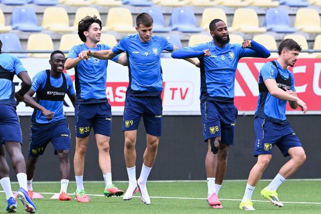 STVV s players pictured in action during a training session of Belgian soccer team Sint-Truidense V.V., Wednesday 19 August 2026 in Sint-Truiden, in preparations of the first leg of the play-off round for the UEFA Europa League league phase, against Cypriot team AC Omonoia Nicosia. JILLxDELSAUX x183761502x