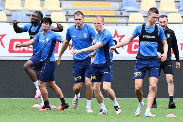 STVV s players pictured in action during a training session of Belgian soccer team Sint-Truidense V.V., Wednesday 19 August 2026 in Sint-Truiden, in preparations of the first leg of the play-off round for the UEFA Europa League league phase, against Cypriot team AC Omonoia Nicosia. JILLxDELSAUX x183761517x