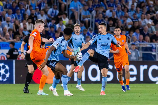Rahim Ibrahim of SK Slovan Bratislava and Svetozar Markovic of SK Slovan Bratislava seen during UEFA Champions league first play-off game between teams of SK Slovan Bratislava and Celje (Dominika Kortvelyesiova Ball Raw Images) Bratislava Tehelne Pole stadium Slovakia Copyright: xDominikaxKortvelyesiovax DKOR2026