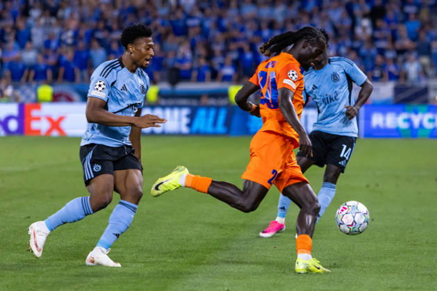 Rahim Ibrahim of SK Slovan Bratislava and Alpha Diounkou of Celje seen during UEFA Champions league first play-off game between teams of SK Slovan Bratislava and Celje (Dominika Kortvelyesiova Ball Raw Images) Bratislava Tehelne Pole stadium Slovakia Copyright: xDominikaxKortvelyesiovax DKR_6244