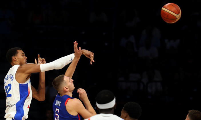 20.08.2026 Belgrade Serbia-France international men s basketball frienldy match Victor Wembanyama(L) France,Nikola Jovic(2L) Serbia :D.Sandic