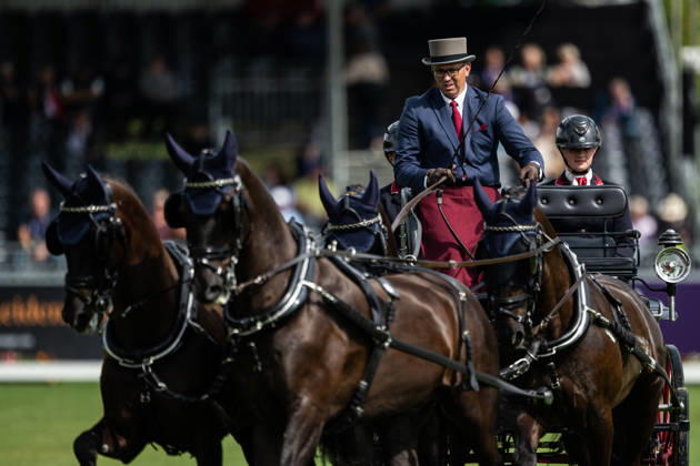 260821 Fredrik Persson of Sweden with horses Fasco, Hertog Jan, Judson and Kermit compete in the Four-in-Hand Dressage during day 11 of the 2026 FEI World Championships on August 21, 2026 in Aachen. Photo: Emma Wallskog BILDBYRAN kod EW EW0695 ridsport equestrian rid-vm 2026 2026 fei world championships bbeng ridsport-vm fyrspann drivning körning dressyr dressage four in hand Copyright: EMMAxWALLSKOG BB260821EW011