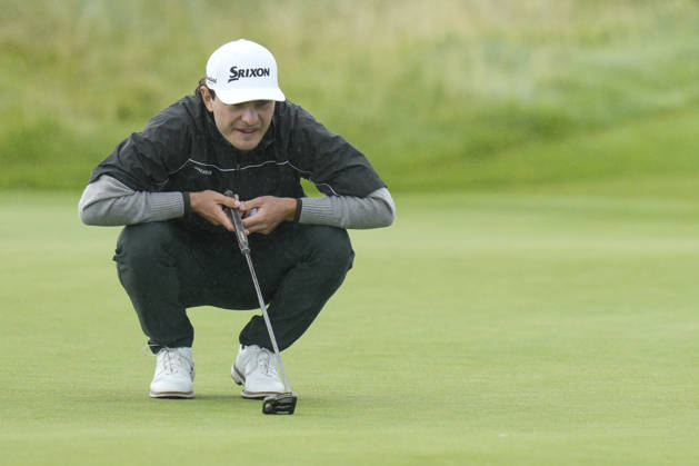 BALMEDIE, SCOTLAND - AUG 21: Maximilian Steinlechner (AUT) lines up a putt on the first green during Round 2 at the 2026 Nexo Championship at the Trump International Golf Links, Balmedie on August 21, 2026 in Aberdeenshire, Scotland The 2026 Nexo Championship