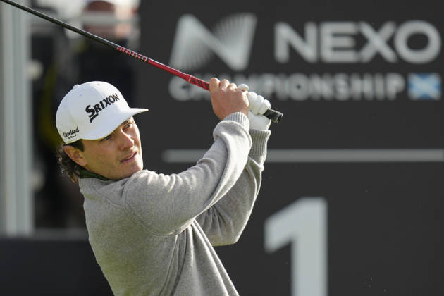 BALMEDIE, SCOTLAND - AUG 21: Maximilian Steinlechner (AUT) plays from the first tee during Round 2 at the 2026 Nexo Championship at the Trump International Golf Links, Balmedie on August 21, 2026 in Aberdeenshire, Scotland The 2026 Nexo Championship