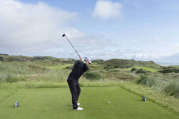 BALMEDIE, SCOTLAND - AUG 21: Albin Bergstrom (SWE) plays from the eighth tee during Round 2 at the 2026 Nexo Championship at the Trump International Golf Links, Balmedie on August 21, 2026 in Aberdeenshire, Scotland The 2026 Nexo Championship