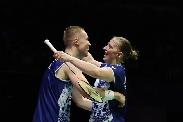 Thom Gicquel of France and Delphine Delrue of France in action during the BWF World Championships 2026 at Indira Gandhi Indoor Stadium, in New Delhi on August 22, 2026. New Delhi India Copyright: xAnshumanxAkashx
