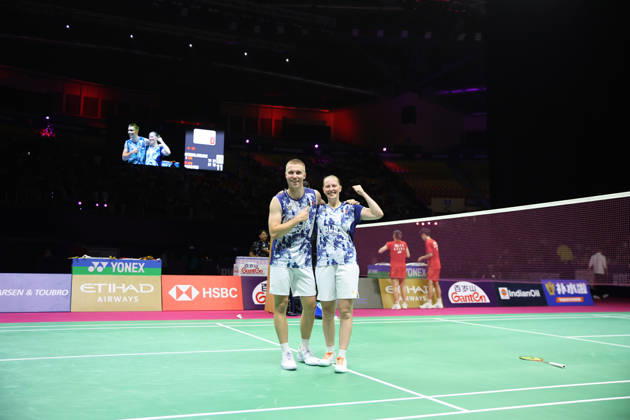 Thom Gicquel of France and Delphine Delrue of France in action during the BWF World Championships 2026 at Indira Gandhi Indoor Stadium, in New Delhi on August 22, 2026. New Delhi India Copyright: xAnshumanxAkashx