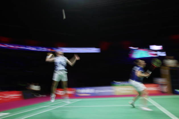 Thom Gicquel of France and Delphine Delrue of France in action during the BWF World Championships 2026 at Indira Gandhi Indoor Stadium, in New Delhi on August 22, 2026. New Delhi India Copyright: xAnshumanxAkashx