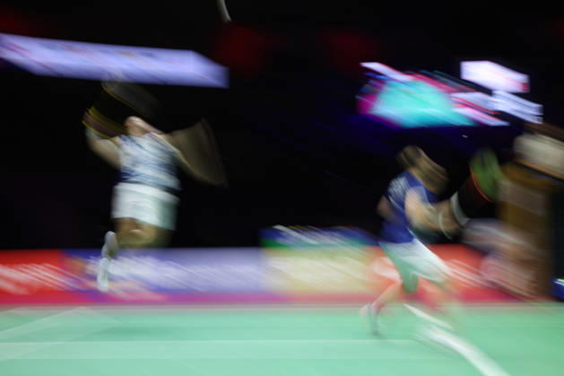 Thom Gicquel of France and Delphine Delrue of France in action during the BWF World Championships 2026 at Indira Gandhi Indoor Stadium, in New Delhi on August 22, 2026. New Delhi India Copyright: xAnshumanxAkashx