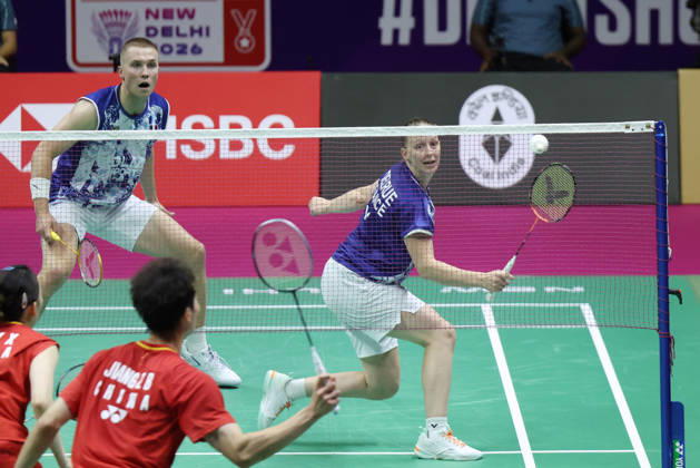 Thom Gicquel of France and Delphine Delrue of France in action during the BWF World Championships 2026 at Indira Gandhi Indoor Stadium, in New Delhi on August 22, 2026. New Delhi India Copyright: xAnshumanxAkashx