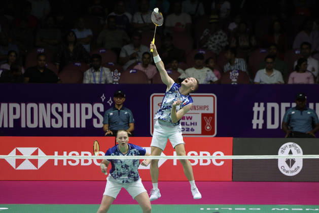 Thom Gicquel of France and Delphine Delrue of France in action during the BWF World Championships 2026 at Indira Gandhi Indoor Stadium, in New Delhi on August 22, 2026. New Delhi India Copyright: xAnshumanxAkashx