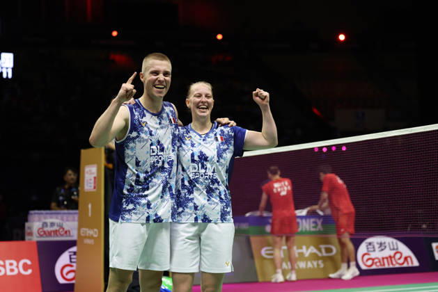 Thom Gicquel of France and Delphine Delrue of France in action during the BWF World Championships 2026 at Indira Gandhi Indoor Stadium, in New Delhi on August 22, 2026. New Delhi India Copyright: xAnshumanxAkashx