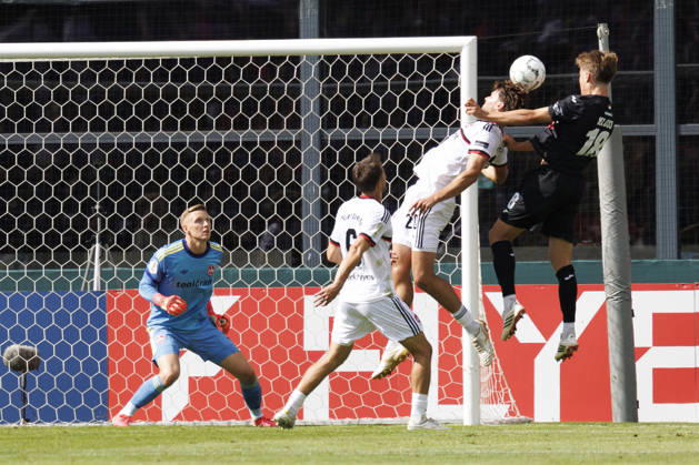KOELN, GERMANY - AUGUST 22, 2026: +Header by Tim Kloss (Viktoria Koeln, 18) during the DFB-Cup match between Viktoria Koeln vs. 1. FC Nuernberg at the Sportpark Hoehenberg on August 22, 2026 in Koeln, Germany. DFL REGULATIONS PROHIBIT ANY USE OF PHOTOGRAPHS AS IMAGE SEQUENCES AND OR QUASI-VIDEO. Nordrhein-Westfalen Germany Copyright: xAxelxKohringx