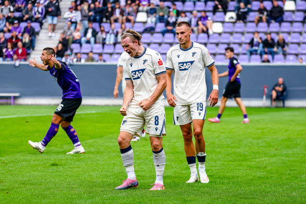 Patrick Wimmer (TSG 1899 Hoffenheim, 08) Jubel, Torjubel, jubelt ueber Tor zum 0:3, Tim Lemperle (TSG 1899 Hoffenheim, 19), Patrick Kapp (FC Erzgebirge Aue, 16) regt sich ueber entscheidung auf, FC Erzgebirge Aue vs. TSG Hoffenheim, Fussball, DFB Pokal, 1. Runde, Saison 2026 2027, 22.08.2026,¨ DFL REGULATIONS PROHIBIT ANY USE OF PHOTOGRAPHS AS IMAGE SEQUENCES AND OR QUASI-VIDEO,¨ FC Erzgebirge Aue vs. TSG Hoffenheim, Fussball, DFB Pokal, 1. Runde, Saison 2026 2027, 22.08.2026, Aue Copyright: xEibner-Pressefoto LauraxRoemerx EP_LRR