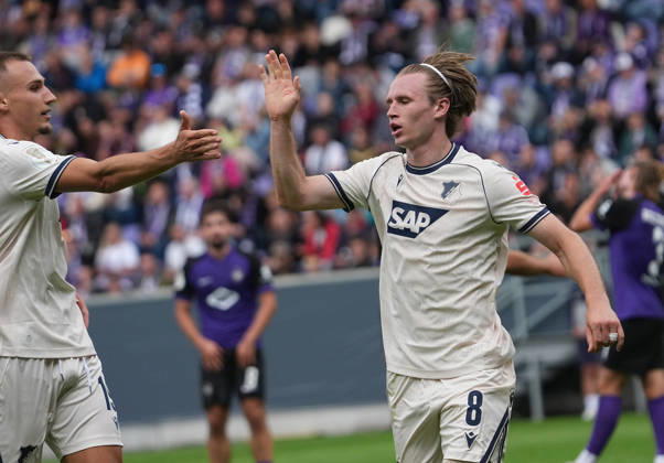 22.08.2026, eins Erzgebirgsstadion, Aue, GER, DFB Pokal, Erzgebirge Aue vs TSG Hoffenheim , Patrick Wimmer (Hoffenheim) freut sich ueber das Tor zum 0:2. (Photo by Hasan Bratic DeFodi Images) -