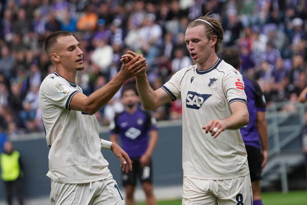 22.08.2026, eins Erzgebirgsstadion, Aue, GER, DFB Pokal, Erzgebirge Aue vs TSG Hoffenheim , Patrick Wimmer (Hoffenheim) freut sich ueber das Tor zum 0:2. (Photo by Hasan Bratic DeFodi Images) -
