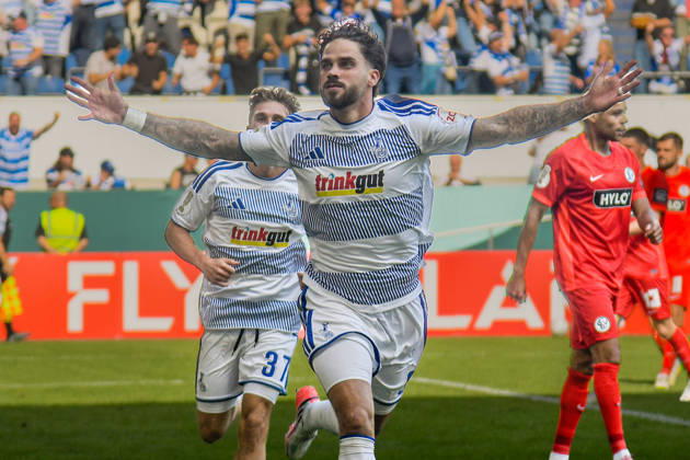 Lex Tyger Lobinger (Duisburg 9) jubelt nach dem Tor zum 1:1 22.08.2026 ¢ Fussball ¢ MSV Duisburg vs SV Elversberg ¢ DFB-Pokal, Schauinsland-Reisen-Arena, Duisburg, DFB DFL REGULATIONS PROHIBIT ANY USE OF PHOTOGRAPHS AS IMAGE SEQUENCES AND OR QUASI-VIDEO NRW Germany