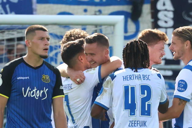 22.08.2026, xrekx, Fussball DFB Pokal 1.Runde, 1.FC Saarbruecken - Hertha BSC Berlin v.l. Paul Seguin (Hertha BSC) erzielt das Tor, Treffer, scores the goal zum 0:1 (DFL DFB REGULATIONS PROHIBIT ANY USE OF PHOTOGRAPHS as IMAGE SEQUENCES and or QUASI-VIDEO) Saarbruecken