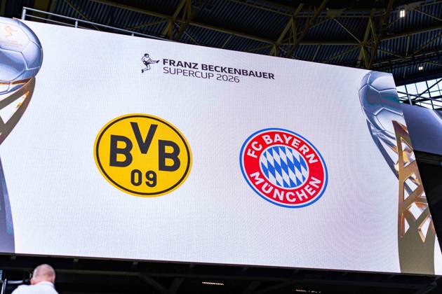 Supercup, Deutschland, Borussia Dortmund vs. FC Bayern München, 22.08.2026 im Signal Iduna Park Der Signal Iduna Park, Stadion vor Öffnung der Zuschauer, Tribünen, Tornetz, Eckfahne, Fahne, Netz, Zuschauer, Paarung, Südtribüne, Tribünen, Logo, Wappen Copyright: xBahhoxKarax