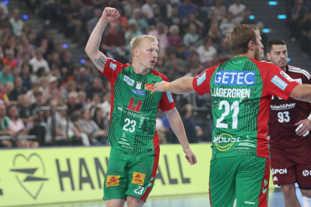 22.08.2026, xgox, Handball, Rexel Supercup 2026, SC Magdeburg - Füchse Berlin, v.l. Magnus Saugstrup (Magdeburg, 23) Jubel, Torjubel, jubelt ueber das Tor, celebrate the goal, celebration München