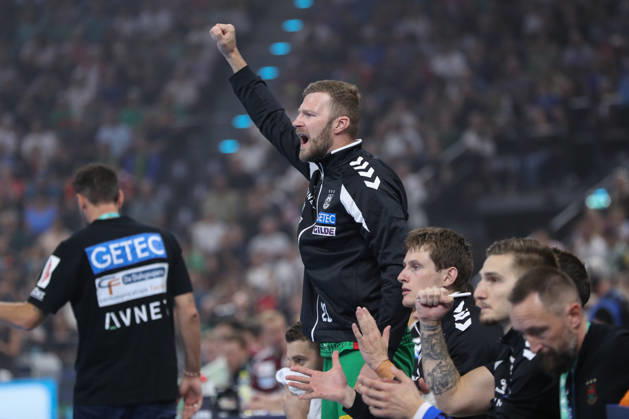 22.08.2026, xgox, Handball, Rexel Supercup 2026, SC Magdeburg - Füchse Berlin, v.l. Philipp Weber (Magdeburg, 20) Jubel, Torjubel, jubelt ueber das Tor, celebrate the goal, celebration München
