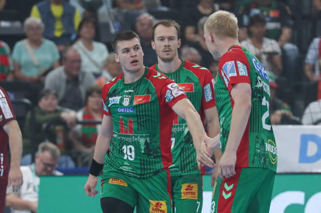 22.08.2026, xgox, Handball, Rexel Supercup 2026, SC Magdeburg - Füchse Berlin, v.l. Elvar Orn Jonsson (Magdeburg, 19), Felix Claar (Magdeburg, 7), Magnus Saugstrup (Magdeburg, 23) München