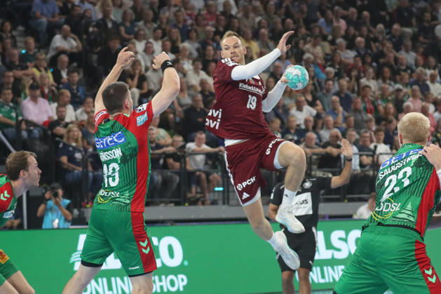 22.08.2026, xgox, Handball, Rexel Supercup 2026, SC Magdeburg - Füchse Berlin, v.l. Mathias Gidsel (Berlin, 19) wirft Tor, Torschuetze, erzielt Tor, Treffer, scores the goal München