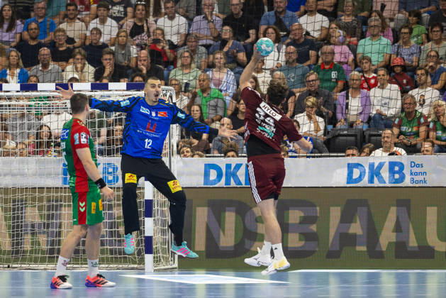 Shot on goal by Hakun West Av Teigum (Füchse Berlin, 34) against Matej Mandic (SC Magdeburg, 12), SC Magdeburg vs. Füchse Berlin, Handball, HBL, REXEL SUPER CUP, 2026, 22.08.2026 Munich SAP Garden Germany Copyright: xPFA BjörnxKeckerx